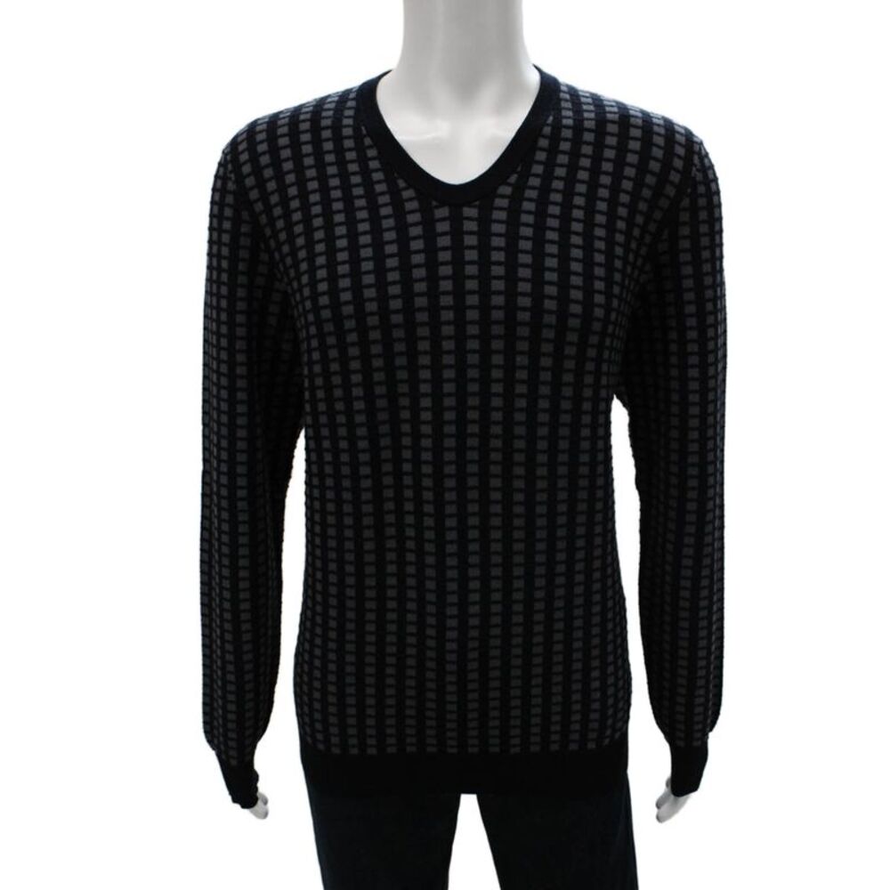 Giorgio Armani Mens Black V Neck Check Viscose Pullover Sweater Size 54